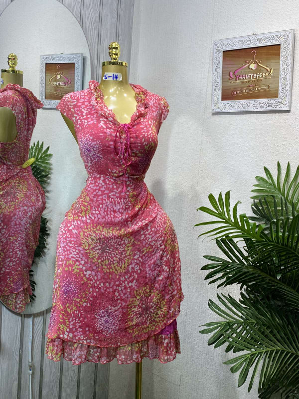 Pink Floral Ruffle Neck Cap Sleeve Dress