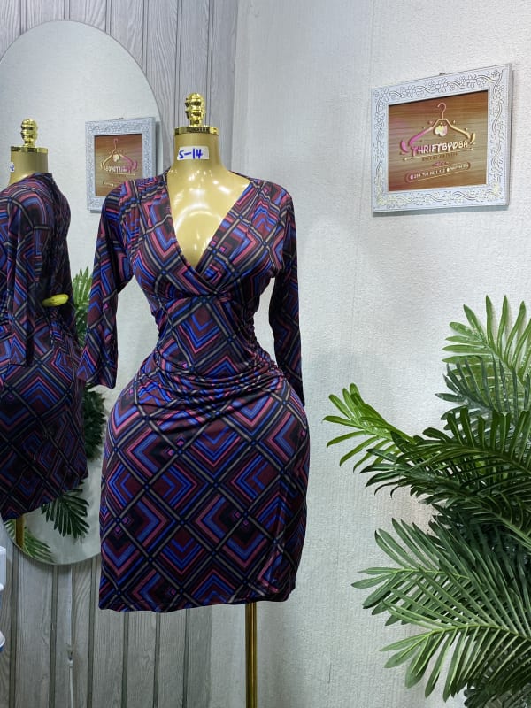 Women's Geometric Print V-Neck Ruched Bodycon Dress