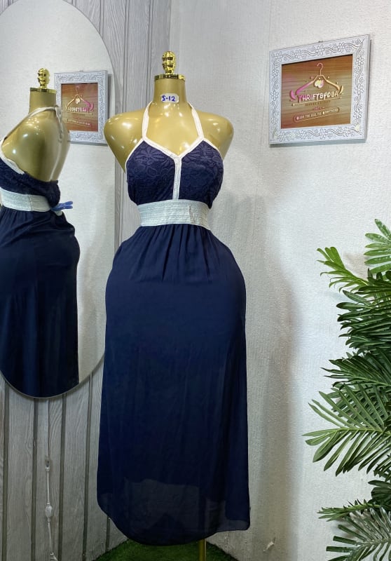 Navy Halter Neck Maxi Dress with Lace Bodice & White Trim