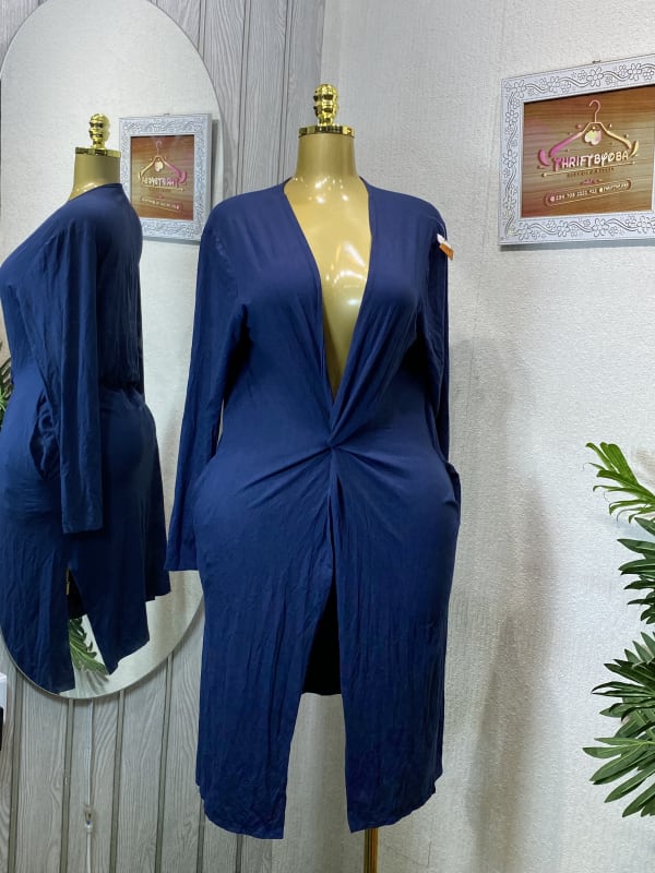 Navy Blue Draped Knit Cardigan Maxi Dress with Pockets