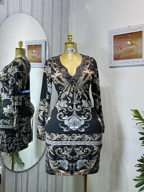 Elegant Baroque Print V-Neck Long Sleeve Mini Dress