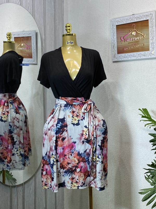 Black Floral Wrap Dress with Tie Waist