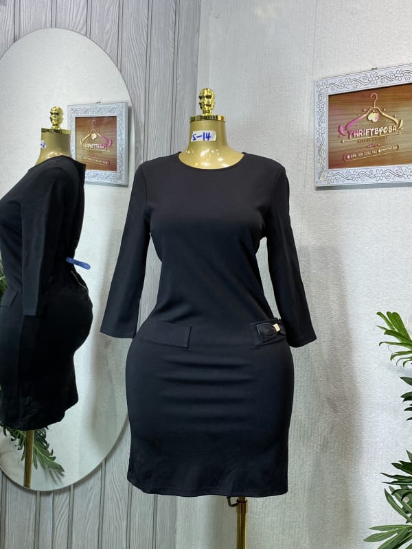 Women's Black Crew Neck Long Sleeve Pocket Detail Mini Dress