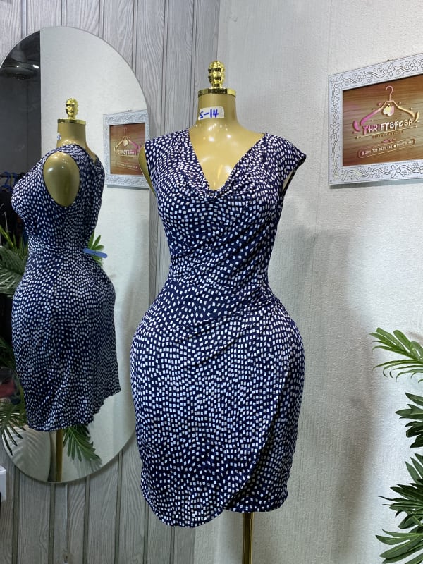 Women's Navy & White Print Cowl Neck Cap Sleeve Wrap Dress