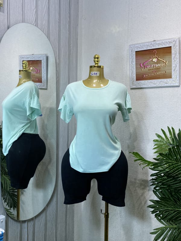 Light Blue Flutter Sleeve Top & Black Biker Shorts Set