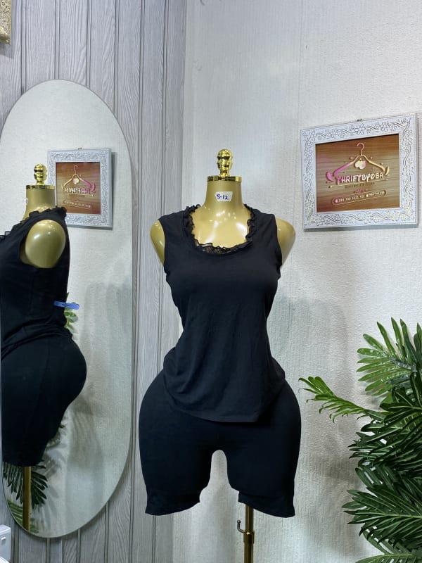 Womens Black Sleeveless Lace Trim Top & Biker Shorts Set