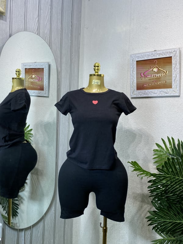 Women's Black Heart Print T-Shirt & Bike Shorts Set