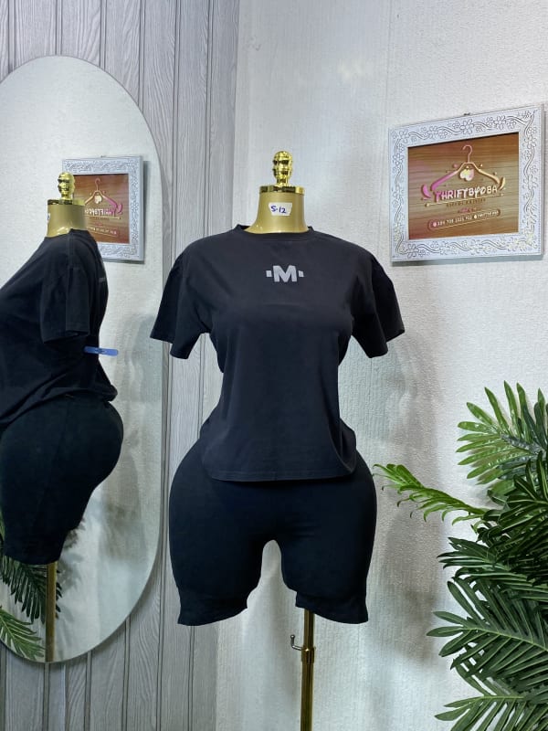 Black Graphic Tee & Biker Short Set