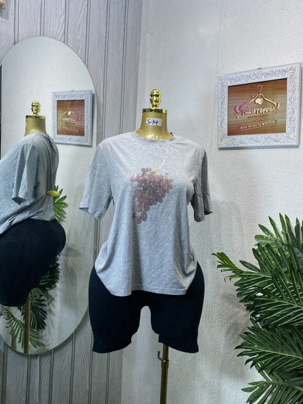 Grey Grape Print T-Shirt & Black Biker Shorts Set