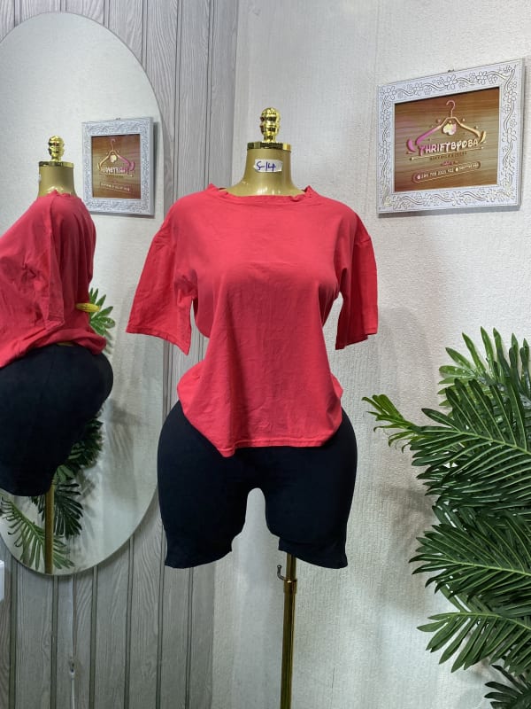 Women's Coral Tee & Black Biker Shorts Set