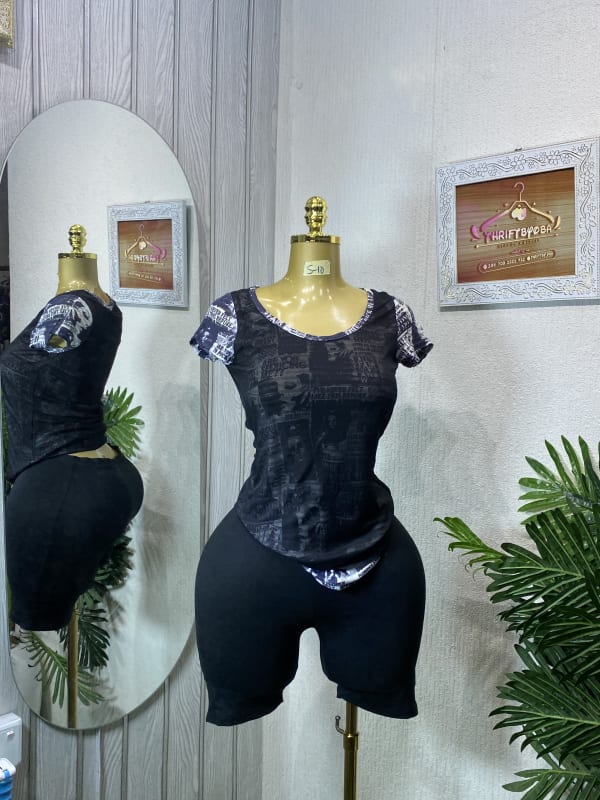 Graphic Print Crew Neck T-shirt & Black Biker Shorts Set