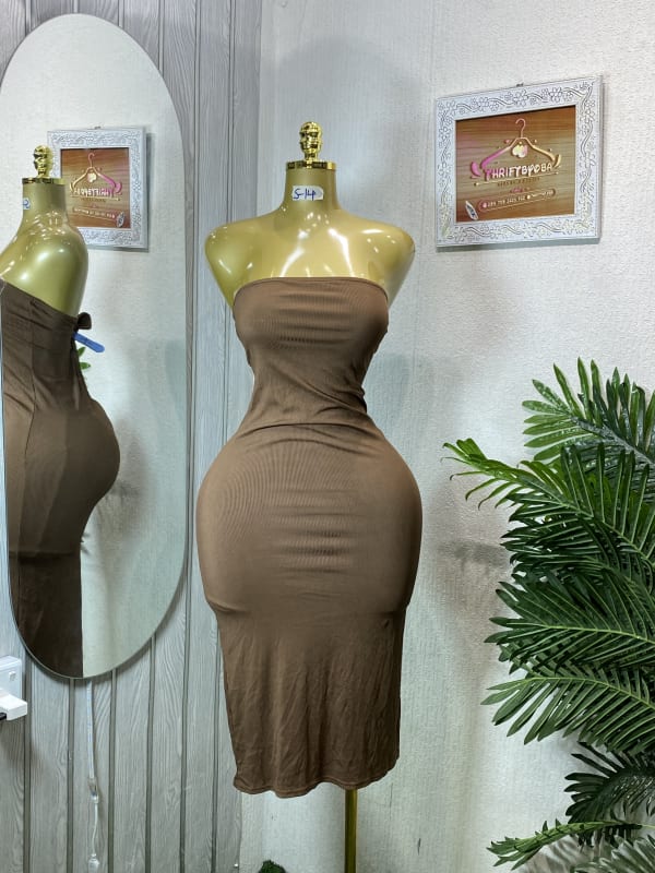 Brown Strapless Bodycon Midi Dress