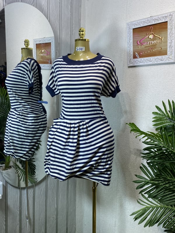Navy & White Striped Casual Short Sleeve Dress