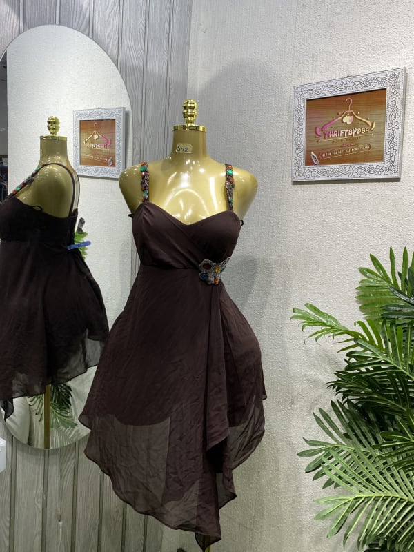 Elegant Brown Chiffon Dress with Embellished Straps & Overlay