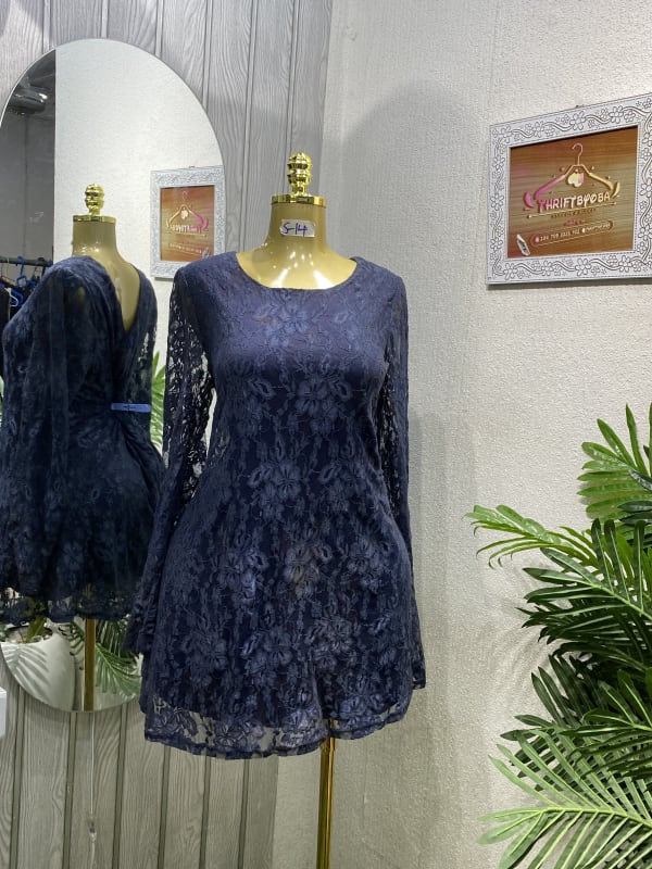 Navy Blue Lace Long Sleeve Mini Dress