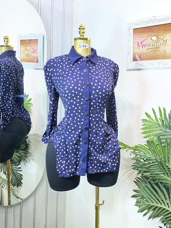Navy Polka Dot Peplum Button-Down Shirt for Women