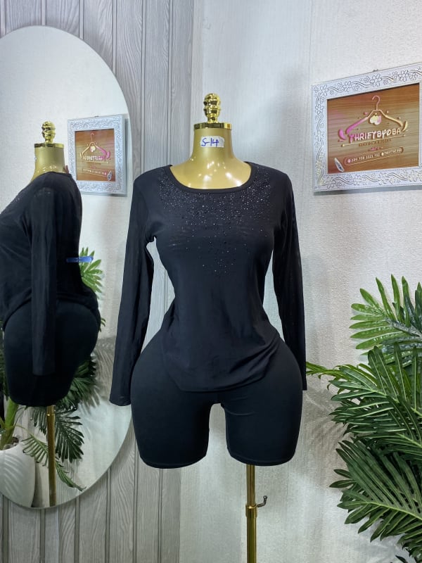 Women's Black Sparkle Long Sleeve Top & Shorts Set