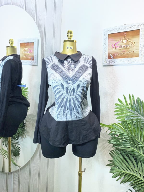 Black & Grey Print Long Sleeve Peplum Top with Collar