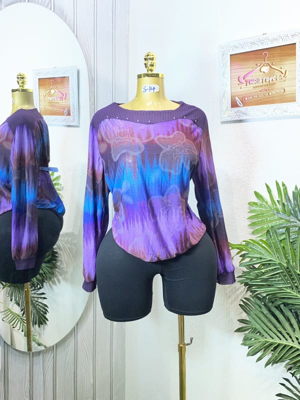 Purple Abstract Embellished Long Sleeve Blouse