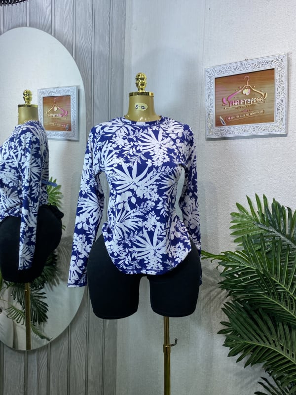 Blue & White Floral Print Long Sleeve Top