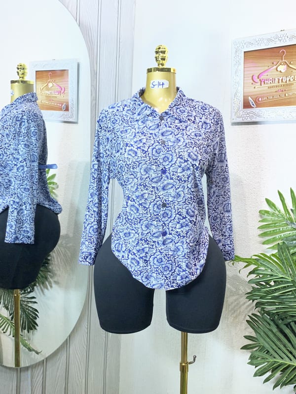 Elegant Blue Floral Print Long Sleeve Blouse