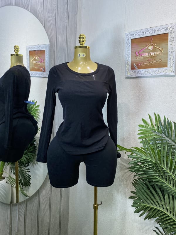 Women's Black Mesh Long Sleeve Top & Bike Short Set