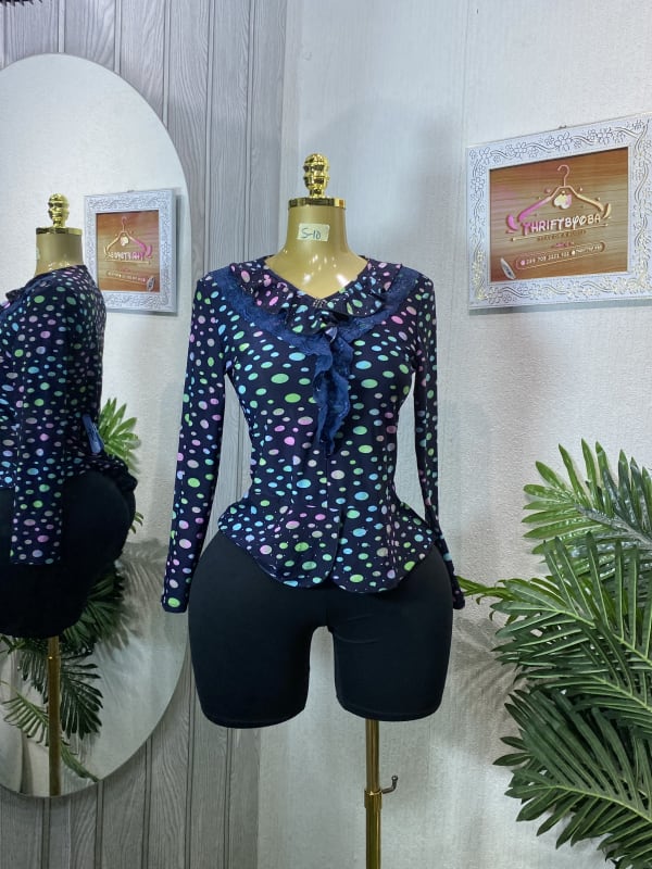 Women's Polka Dot Peplum Top with Ruffle Lace Trim