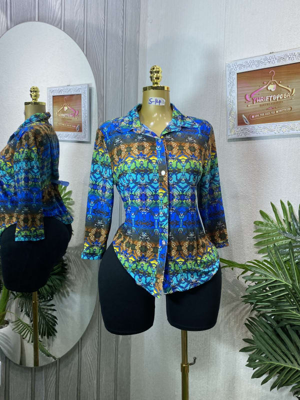 Vibrant Abstract Print Long Sleeve Button-Up Blouse