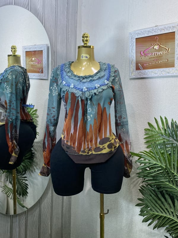 Boho Abstract Print Sheer Blouse with Ruffled Neckline