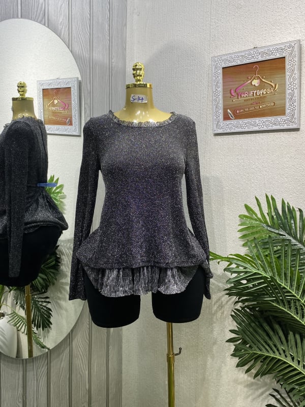 Shimmer Peplum Long Sleeve Top with Ruffled Trim