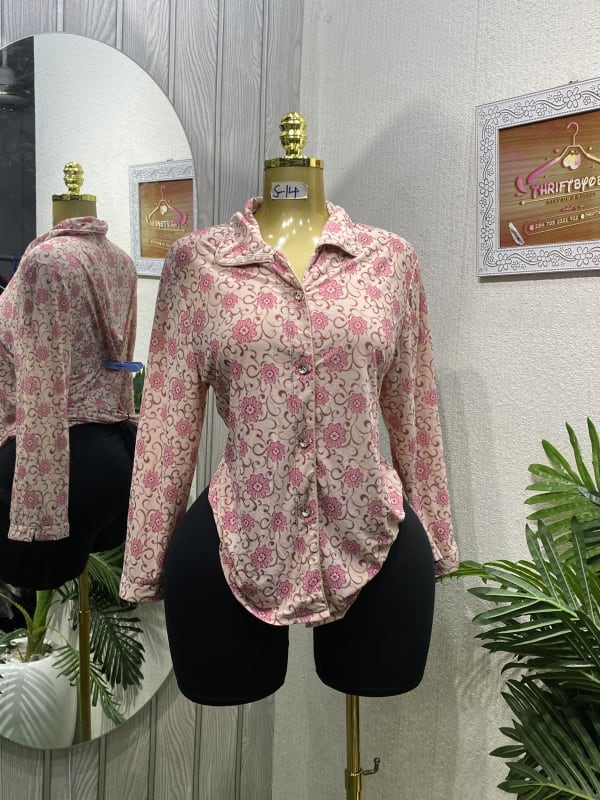 Pink Floral Print Long Sleeve Button Shirt for Women