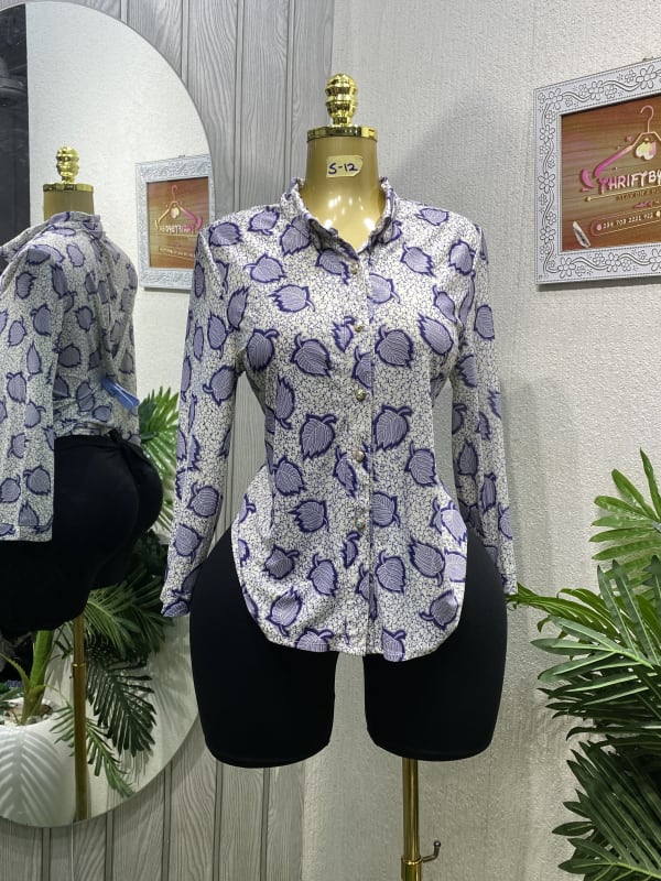 White & Purple Leaf Print Long Sleeve Shirt