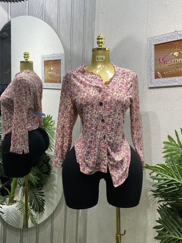 Pink Floral Button-Down Blouse with Mandarin Collar