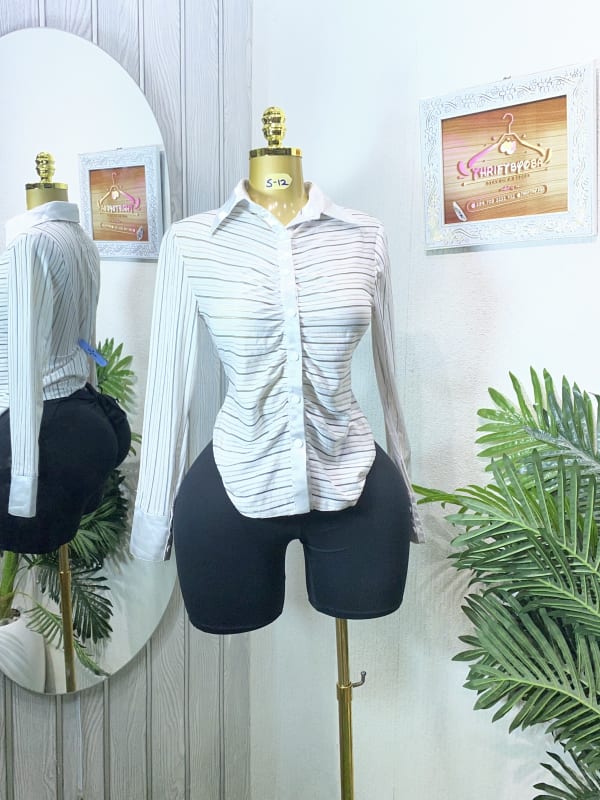 Chic White Striped Ruched Front Long Sleeve Blouse