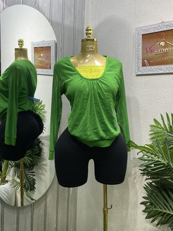 Green Dotted Long Sleeve Casual Top