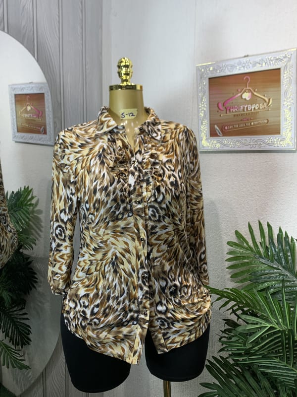 Women's Leopard Print Ruffled Button-Down Blouse