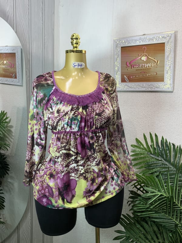 Chic Purple Floral Print Gathered Waist Blouse