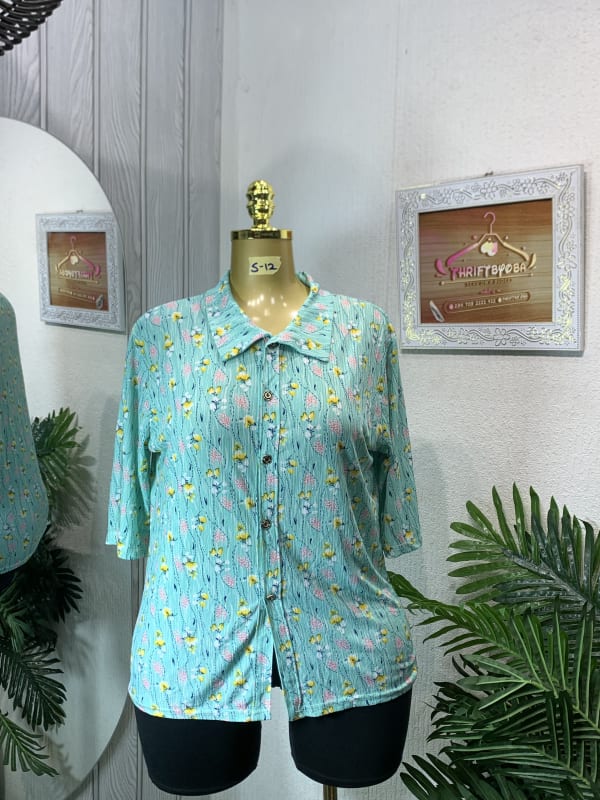 Teal Floral Print Button-Up Blouse - Women's Casual Top