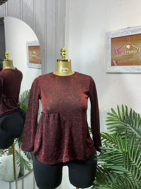 Shimmering Red Peplum Top - Women's Long Sleeve Blouse