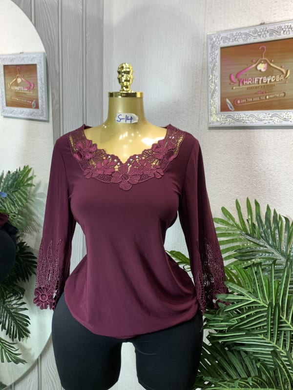 Burgundy V-Neck Top with Floral Lace Detail