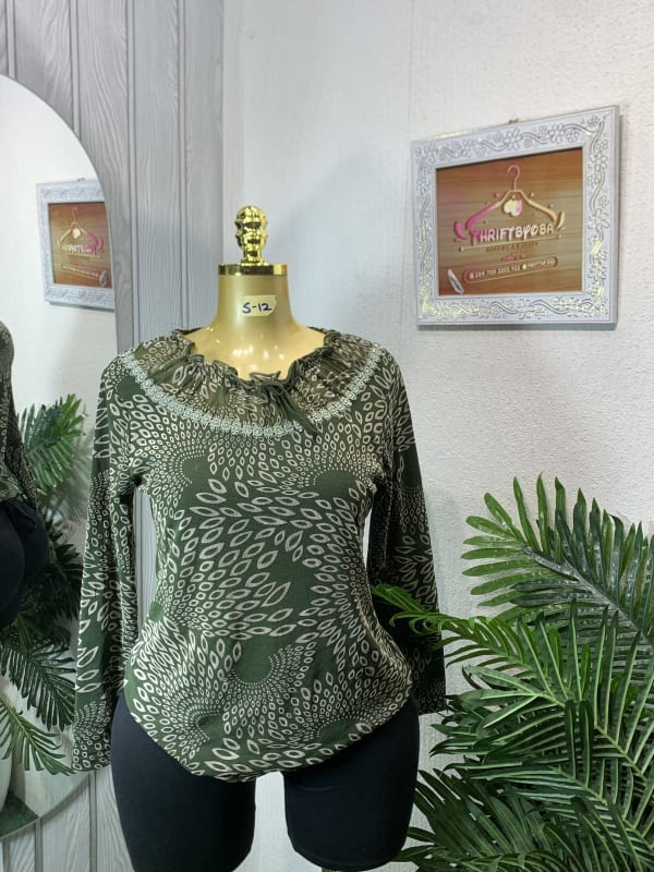 Stylish Olive Pattern Long Sleeve Ruffle Neck Blouse