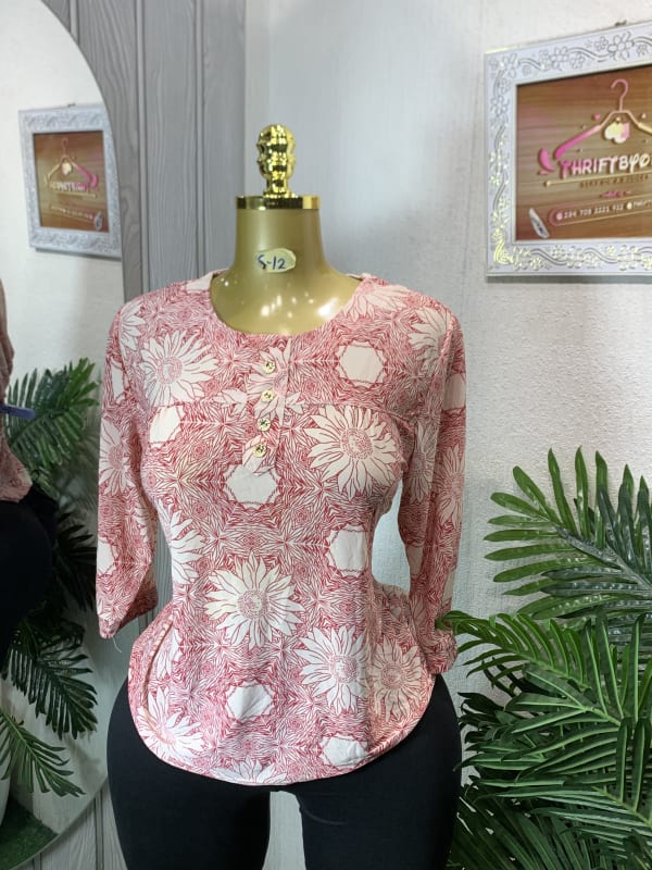 Women's Pink Floral 3/4 Sleeve Henley Blouse