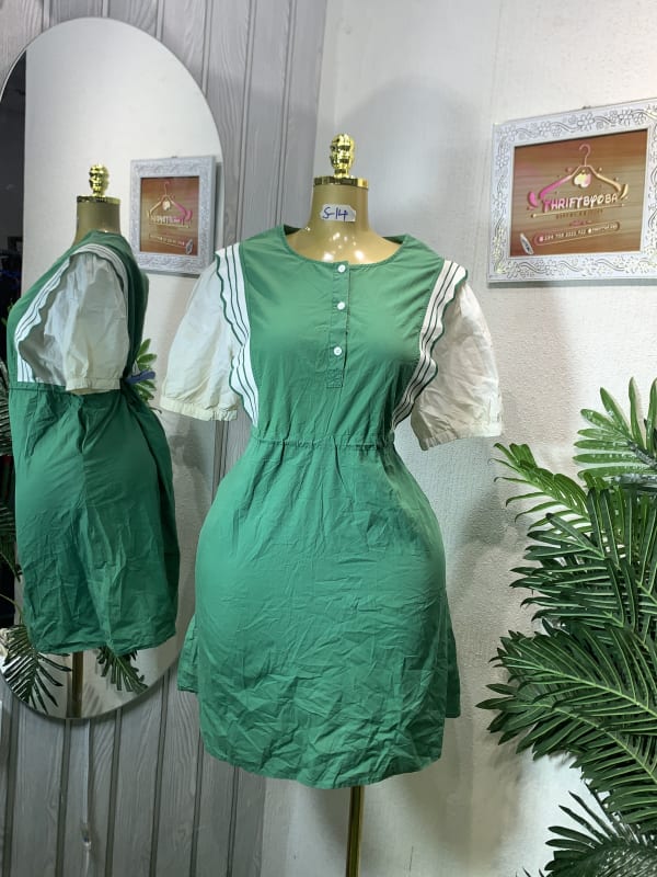 Green & Cream Puff Sleeve Casual Mini Dress