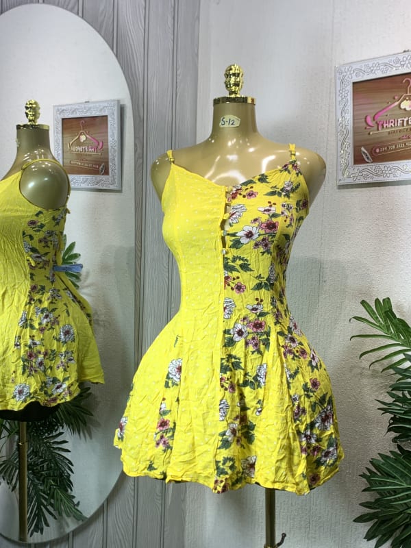 Yellow Floral & Polka Dot Spaghetti Strap Mini Dress