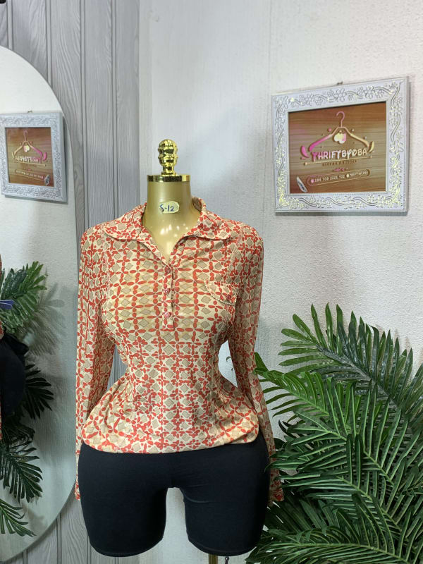 Women's Geometric Print Long Sleeve Collared Blouse