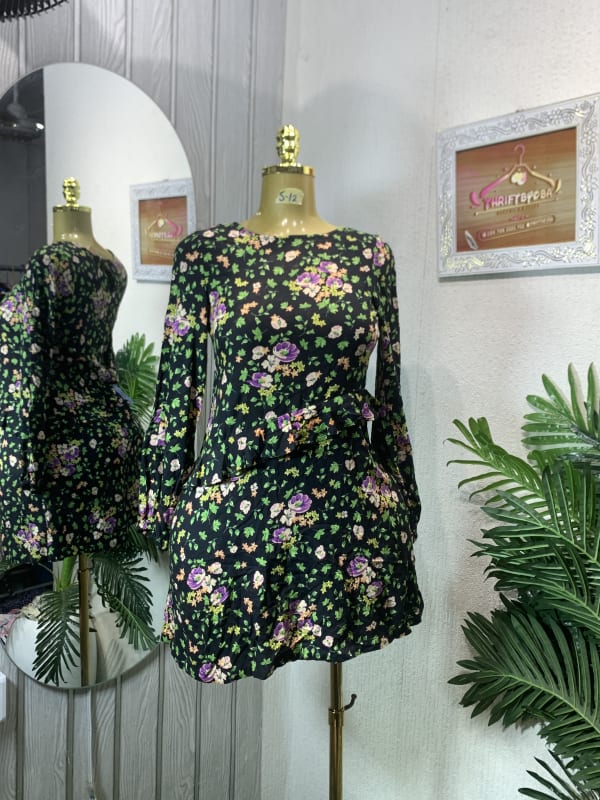 Black Floral Long Sleeve Mini Dress