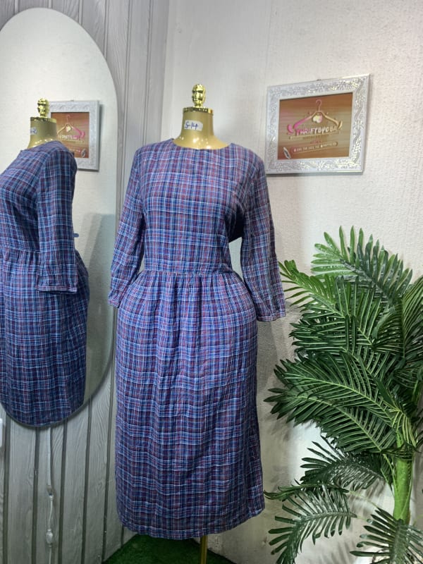 Plaid Midi Dress with Gathered Waist & 3/4 Sleeves