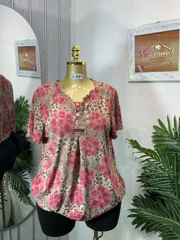 Women's Pink Rose Leopard Print V-Neck Blouse