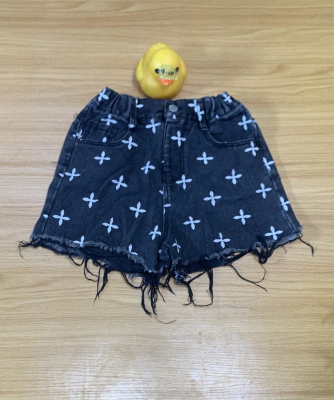 Distressed Black Denim Shorts with White Cross Pattern