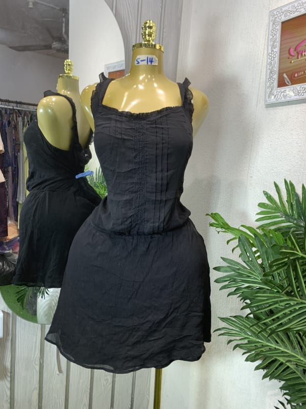 Black Ruffle Pintuck Sleeveless Mini Dress